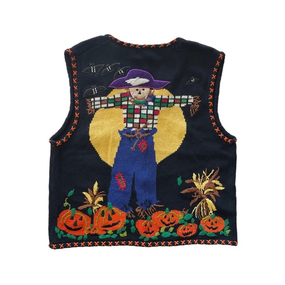 Hampshire Studio Halloween Pumpkins Bats Scarecrow Zip Up Vest Medium - Picture 4 of 5